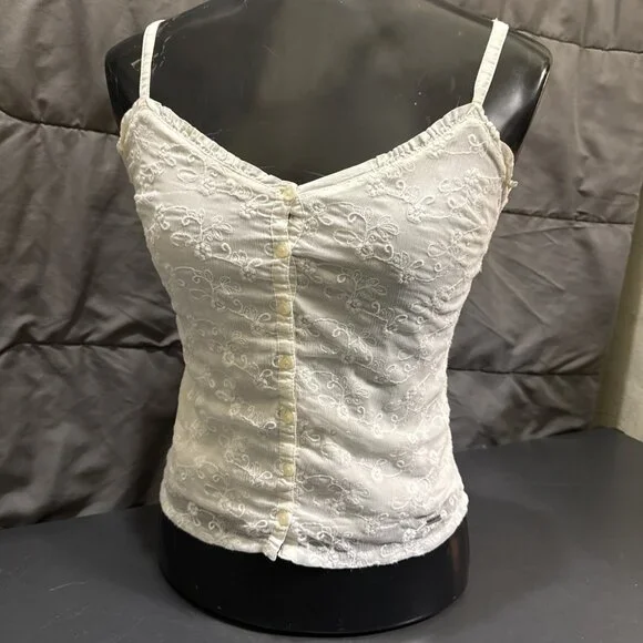 Y2K Hollister Cami Tank Top Size XS Lace Ivory Indie Grunge Layering Button Down - Picture 1 of 16